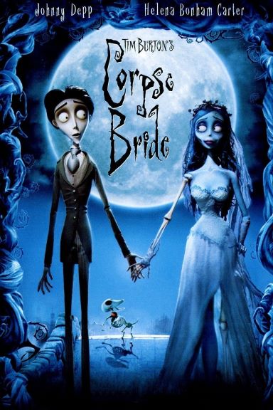 Kuvassa näkyy Corpse Bride -elokuvan juliste, jossa on mies ja nainen