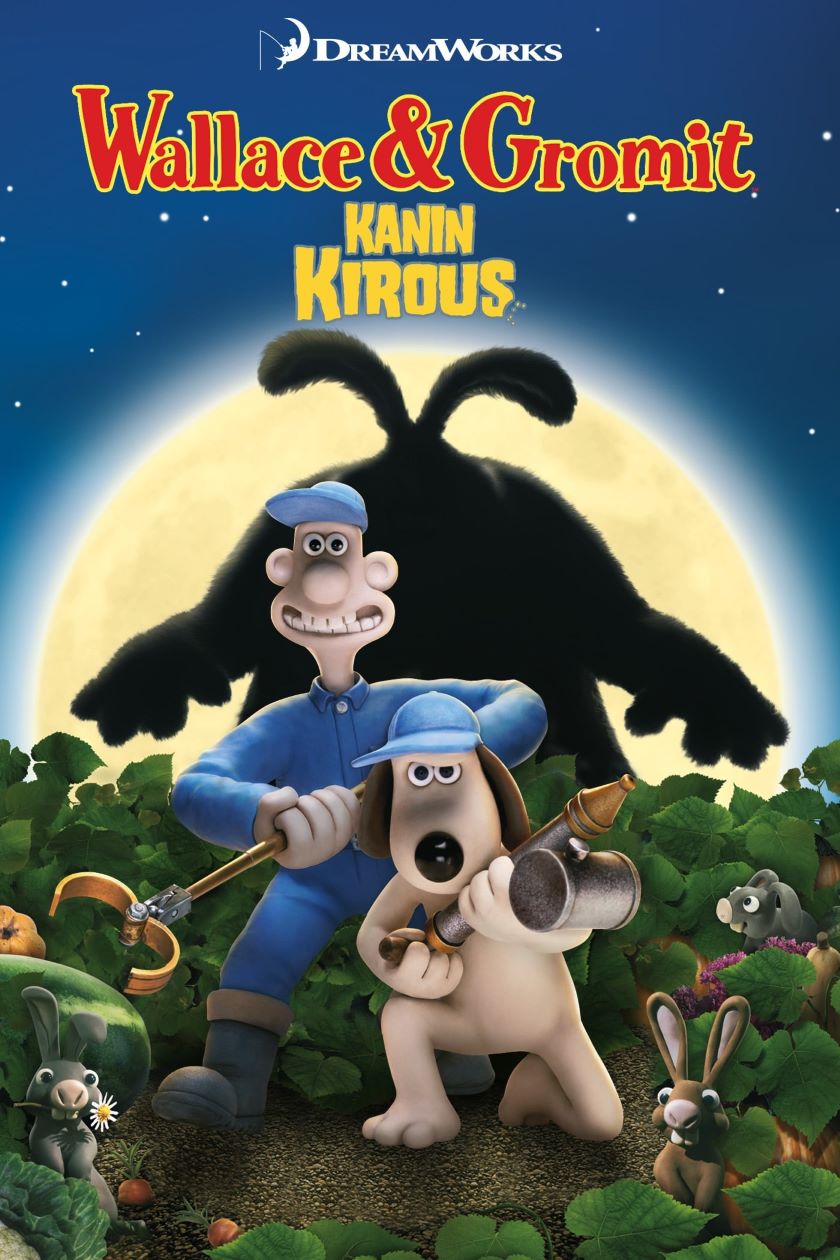 Kuvassa näkyy elokuvan Wallace & Gromit : Kanin kirous juliste, jossa on ihminen ja koira